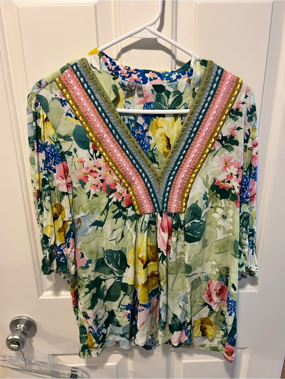 Blank London Floral Green V-Neck Embellished Blouse large